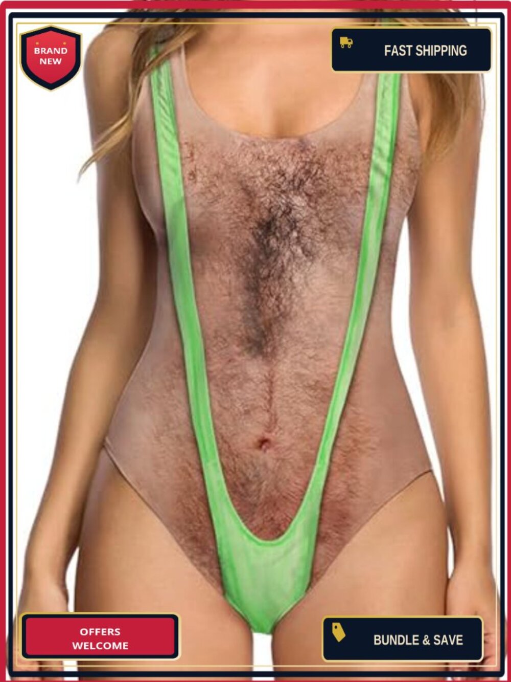 uideazone Women One Piece Swimsuit Funny Chest Muscle Deep V Backless Bathing